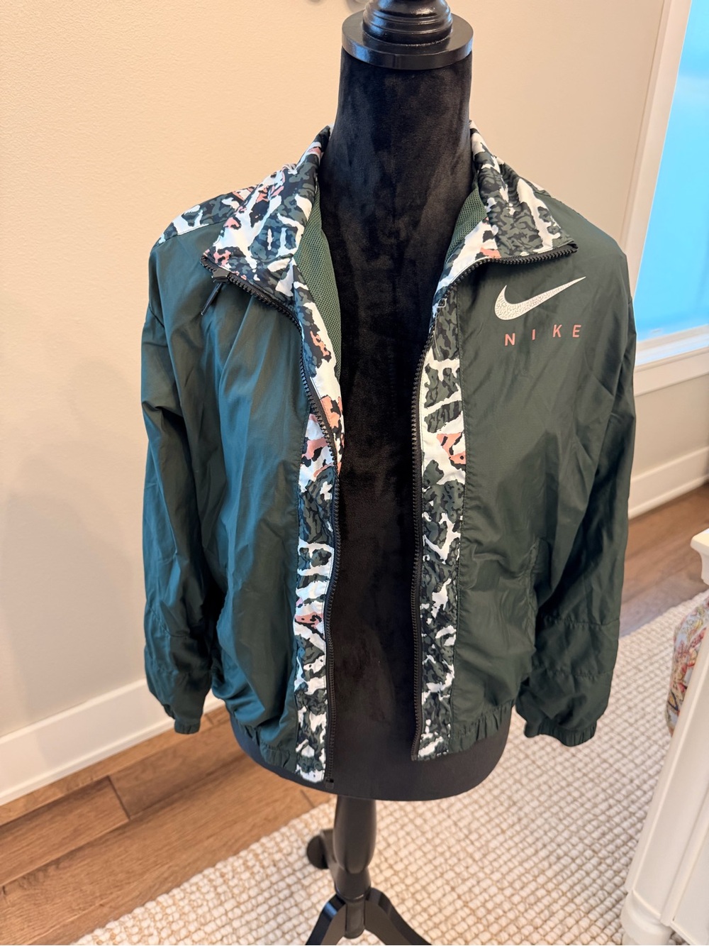 Nike Forest Green Jacket with Pink Logo and Camo Trim